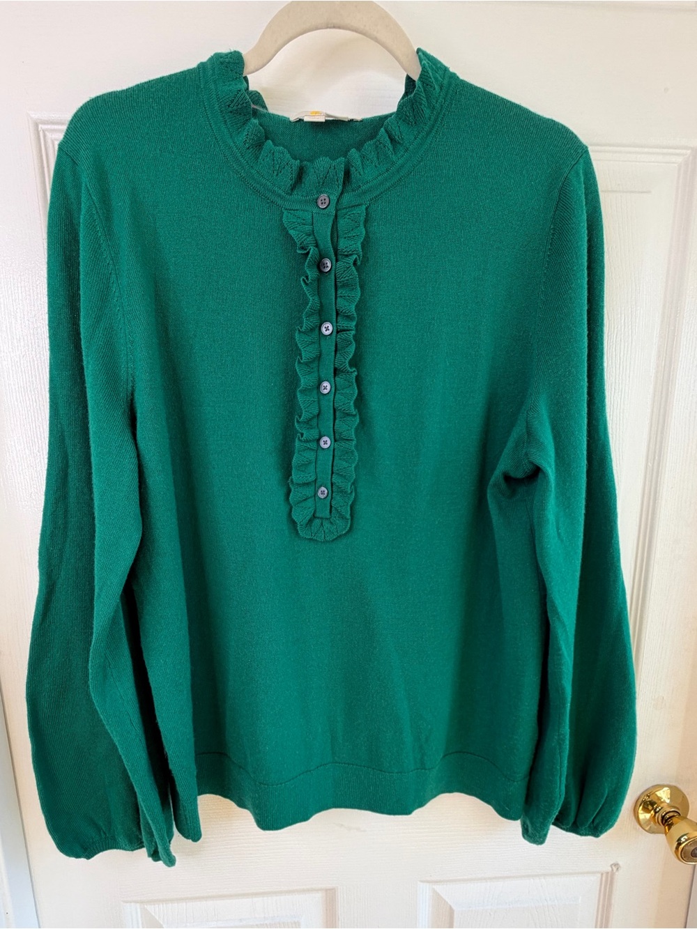 Boden Green 100% Merino Wool Ruffle Henley Sweater green Women’s Size 16/18